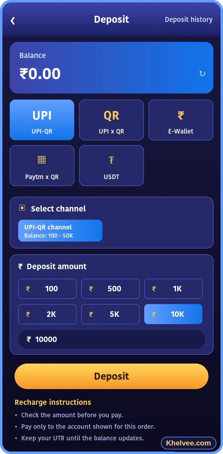 Khelv deposit screen showing payment channels and amount selection