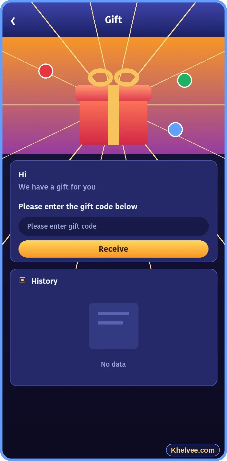 Khelv gift code screen for redeeming bonus gift codes