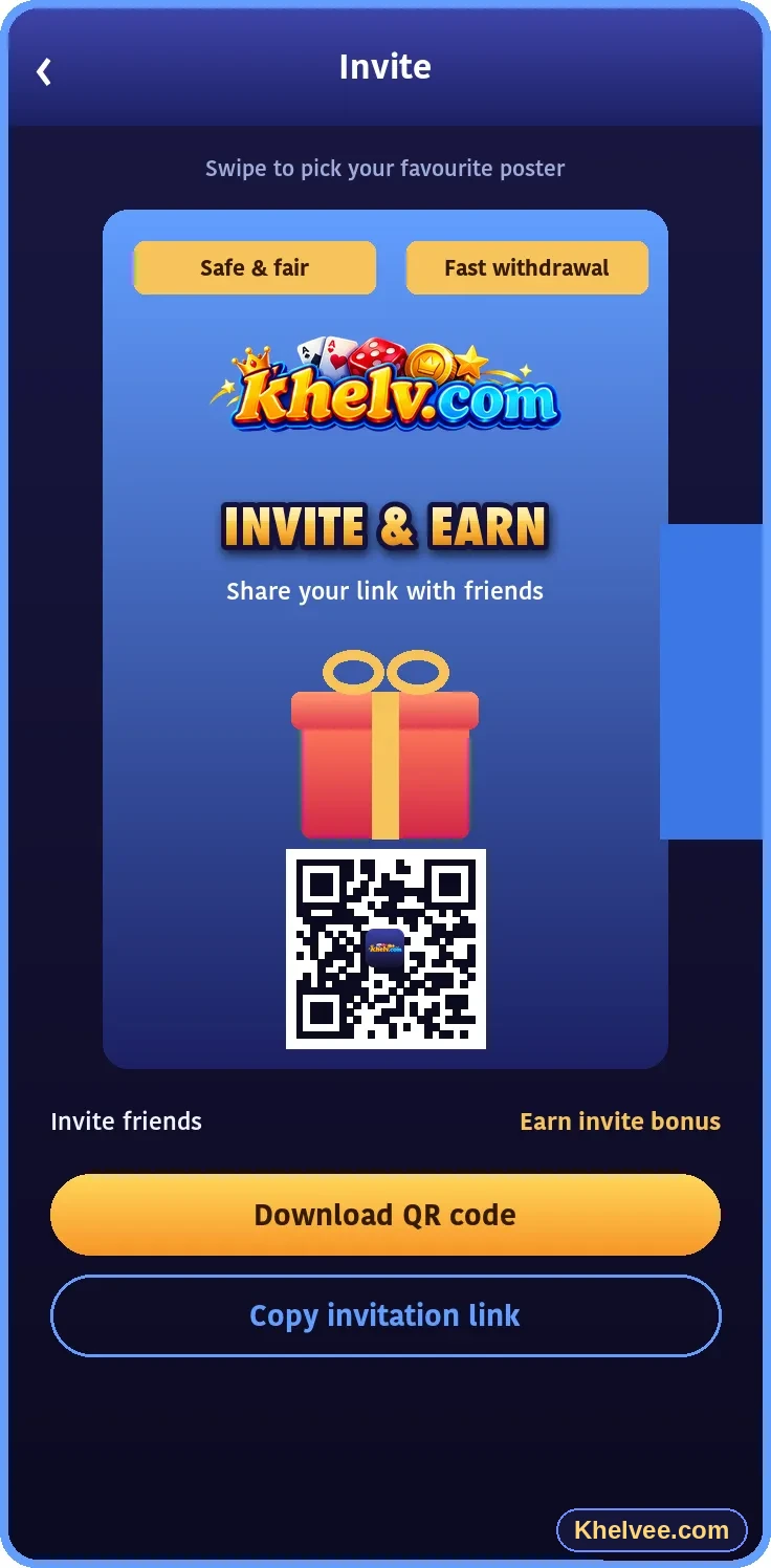 Khelv invite screen with referral link and invitation code
